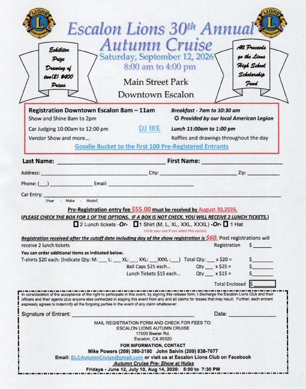 September 12, 2026 - Escalon Lions Autumn Cruise
